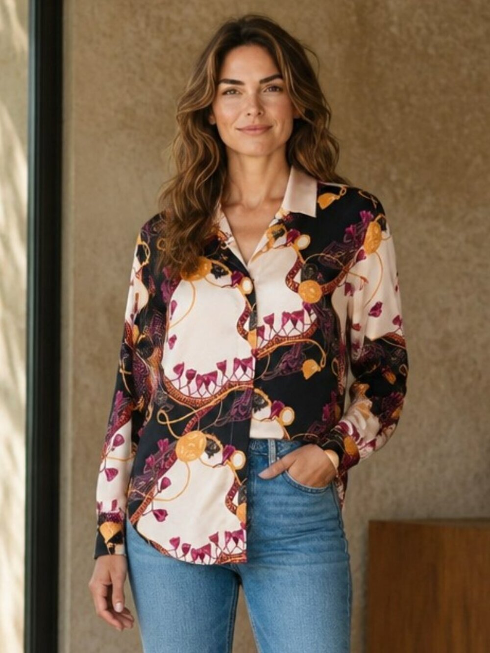 Chicos Size 2 Large 12 14 Tassel Print Long Sleeve Button Up Blouse Top Shirt
